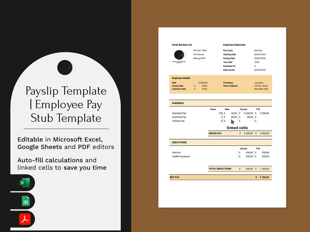 Payslip Template | Employee Pay Stub | Payroll Check Template ...