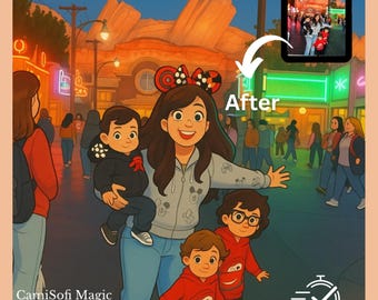 May include: An illustrated image shows a woman with three children in a theme park setting. The woman wears a gray hoodie with Mickey Mouse designs and a Minnie Mouse bow. The image includes the text "CamiSofi Magic" and "Ready in 1 day."