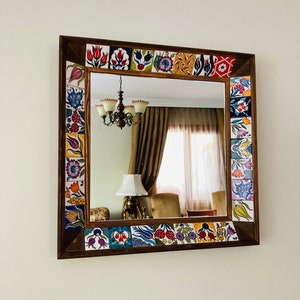 Handmade Christmas Gift Ceramic Tile Mirror, Wooden Bohemian Bathroom Mirror, Decorative Housewarming Gift, Home Decor Wall Hanging Mirror