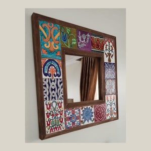 Christmas Gift, Ottoman Ceramic Tile, Ethnic Wall Hanging New Home Gift, Bedroom & Bathroom Wooden Boho Mirror,Mosaic Tile Rustic Home Decor