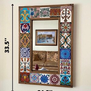 Wooden Bohemian Frame Mirror With Hand Painted Ceramic Tiles, Decorative Mirror, Wall Hanging Mirror, New Home Gift, Mothers Day Gift image 4