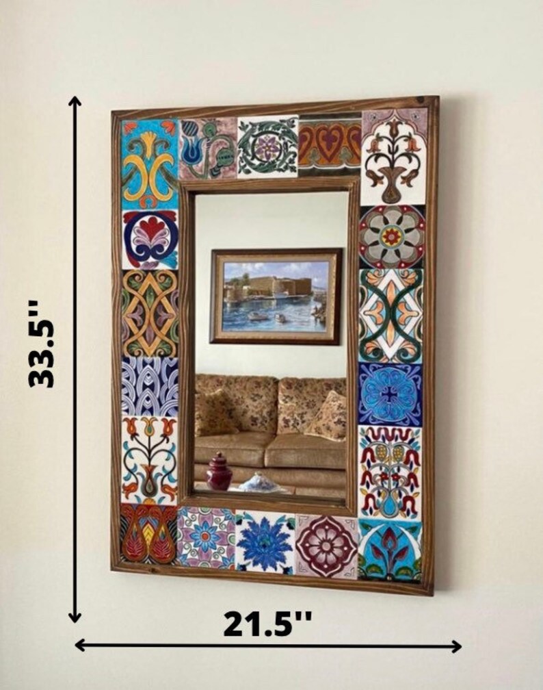 Wooden Bohemian Frame Mirror With Hand Painted Ceramic Tiles, Decorative Mirror, Wall Hanging Mirror, New Home Gift, Mothers Day Gift image 4