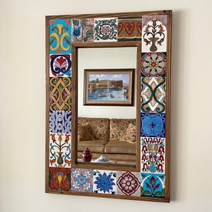 Wooden Bohemian Frame Mirror With Hand Painted Ceramic Tiles, Decorative Mirror, Wall Hanging Mirror, New Home Gift, Mothers Day Gift