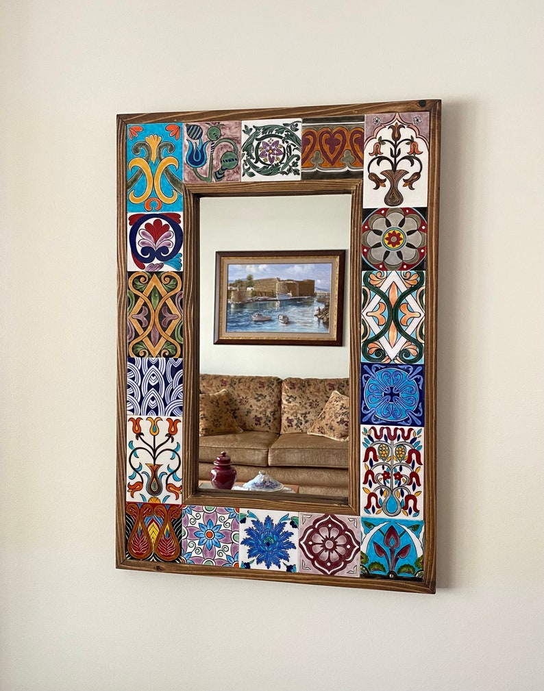 Wooden Bohemian Frame Mirror With Hand Painted Ceramic Tiles, Decorative Mirror, Wall Hanging Mirror, New Home Gift, Mothers Day Gift image 1