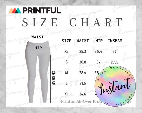 Printful Women Leggings Size Chart, All-Over Print Leggings for Women,  All-Over Print Yoga Leggings, Downloadable, Womens Size Chart