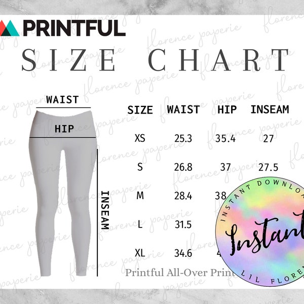 Printful Women Leggings Size Chart, All-Over Print Leggings for Women, All-Over Print Yoga Leggings, Downloadable, Womens Size Chart