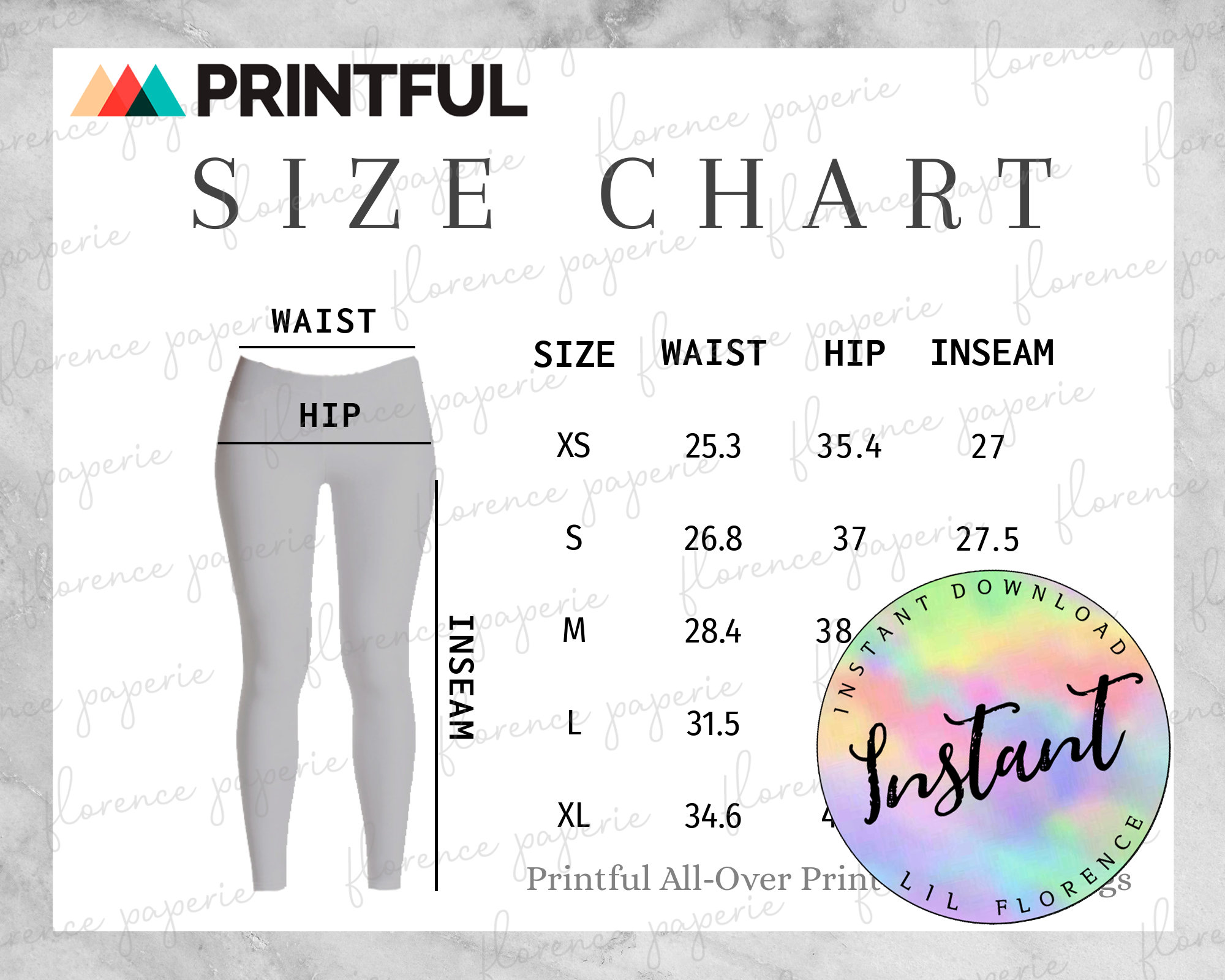 Legging Size Chart for Kids 