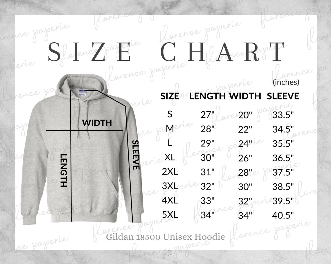 Gildan 18500 Hoodie Size Chart, Unisex Hooded Sweatshirt, Downloadable ...