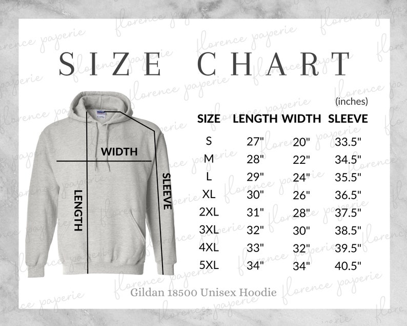 Gildan 18500 Hoodie Size Chart, Unisex Hooded Sweatshirt, Downloadable ...