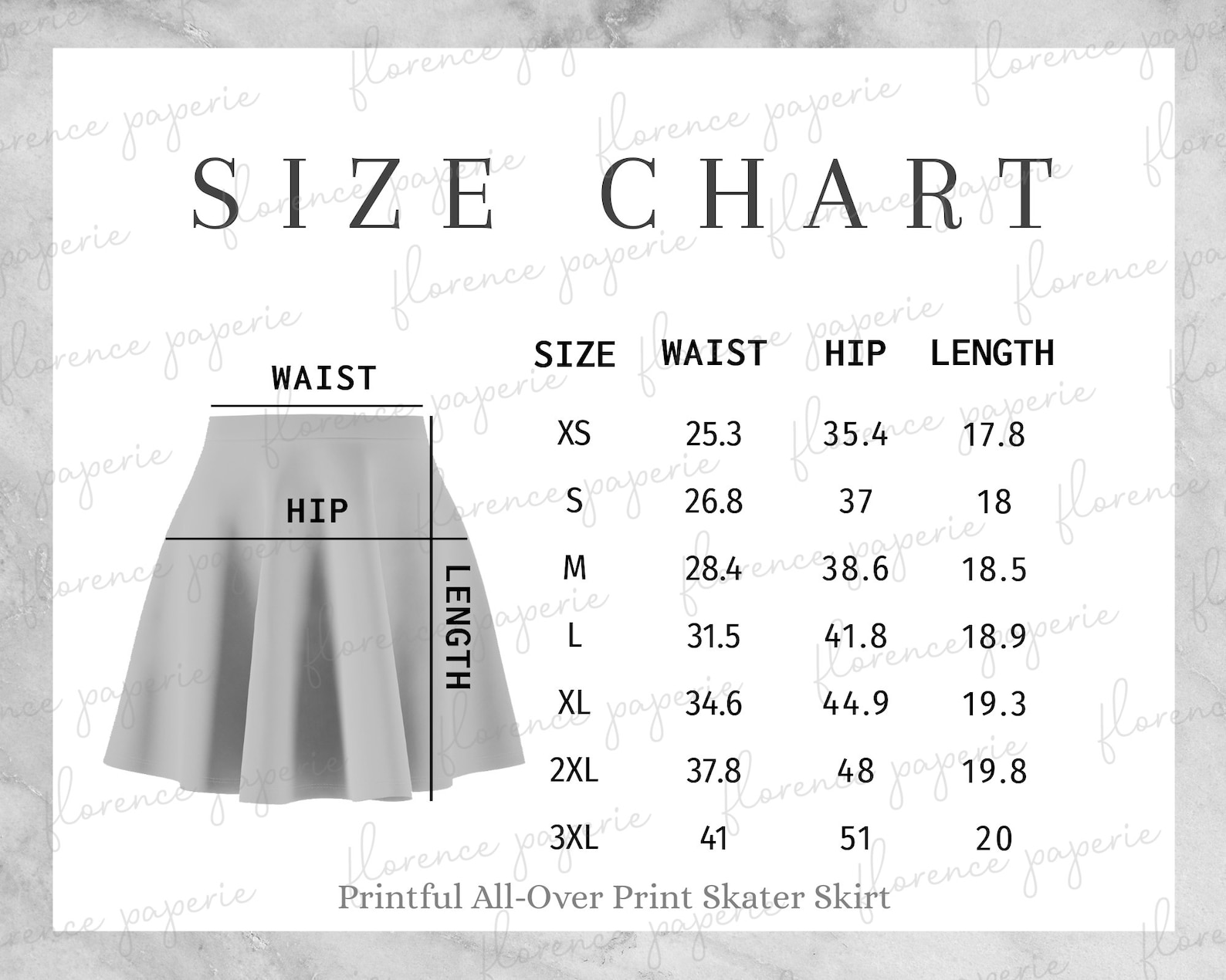 Size Chart For Skirts