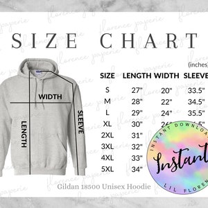 Gildan 18500 Hoodie Size Chart, Unisex Hooded Sweatshirt, Downloadable ...