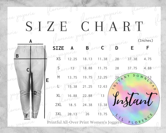 Printful Women's Joggers Size Chart, All-Over Print Joggers for Women,  Downloadable, Women's Size Chart