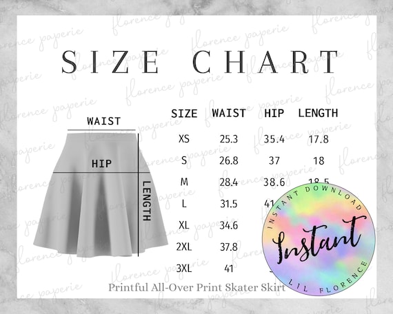 Printful Women Skirt Size Chart, All-Over Print Skater Skirt for Women,  Downloadable, Printable, Womens Size Chart
