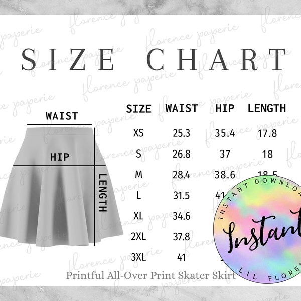 Printful Women Skirt Size Chart, All-Over Print Skater Skirt for Women, Downloadable, Printable, Womens Size Chart