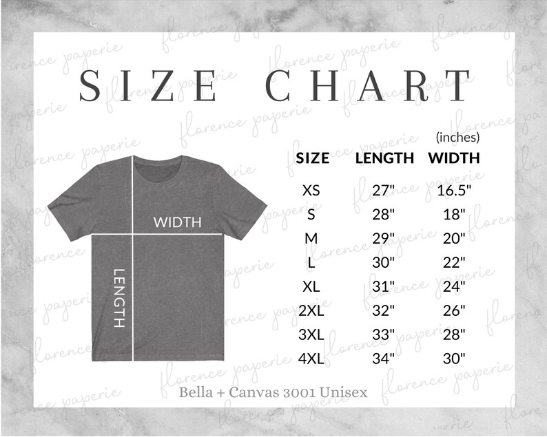 Bella Canvas 3001 Size Chart, Unisex T Shirt Size Chart, Bella Canvas ...