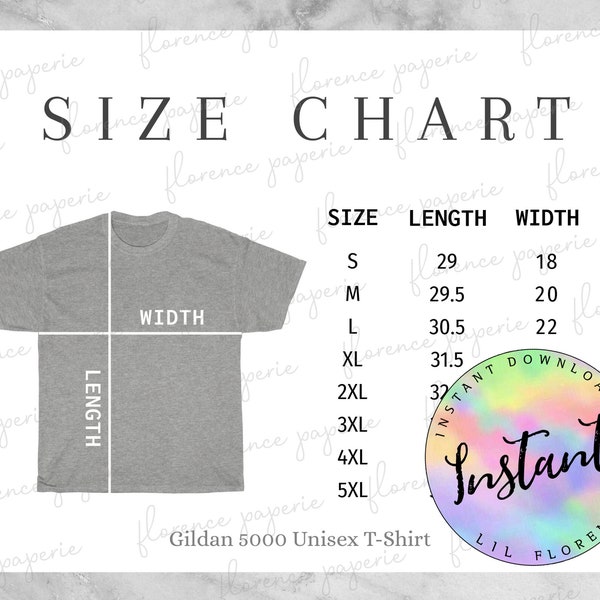 Gildan 5000 T-Shirt Size Chart, Unisex Heavy Cotton Tee Size Chart, Downloadable, Printable, Mens Size Chart, Womens Size Chart