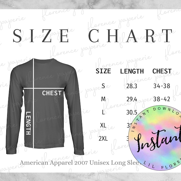 American Apparel 2007 Long Sleeve Shirt Size Chart, Unisex Long Sleeve Shirt, Downloadable, Mens Size Chart, Womens Size Chart, Printful