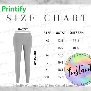 Printify Women Leggings Size Chart, Women&#39;s Cut & Sew Casual Leggings, Downloadable, Printable, Womens Size Chart