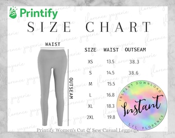 Printify Women Leggings Size Chart, Women's Cut & Sew Casual Leggings, Downloadable, Printable, Womens Size Chart