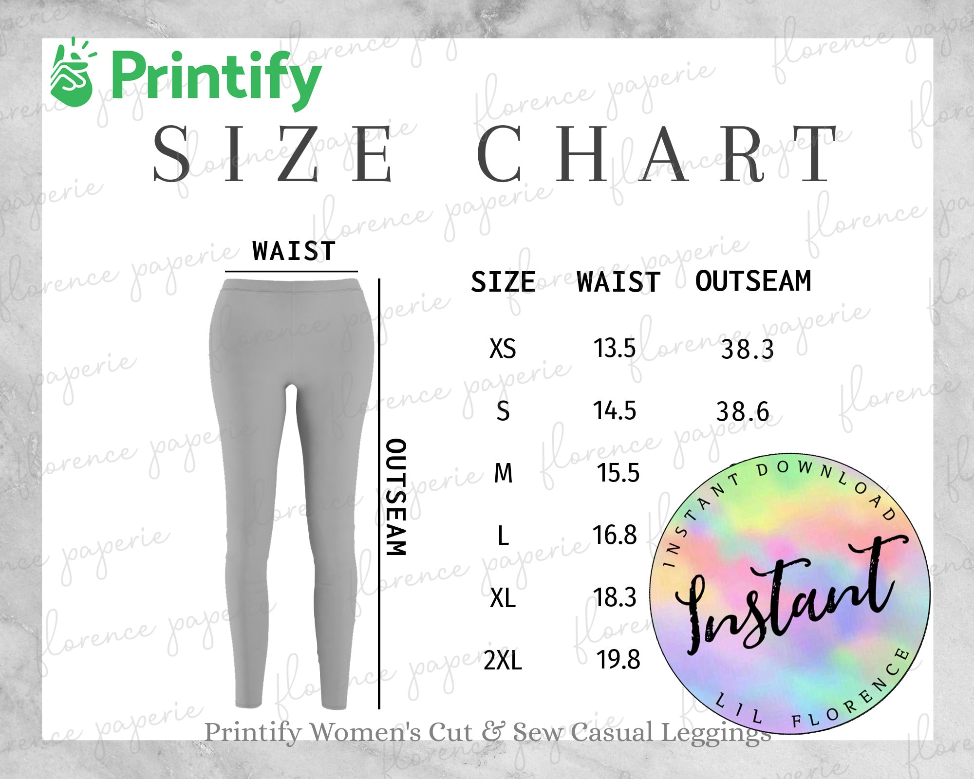 Leggings size chart | fits printify Women's Cut & Sew Casual Leggings |  print on demand pod shops 2020