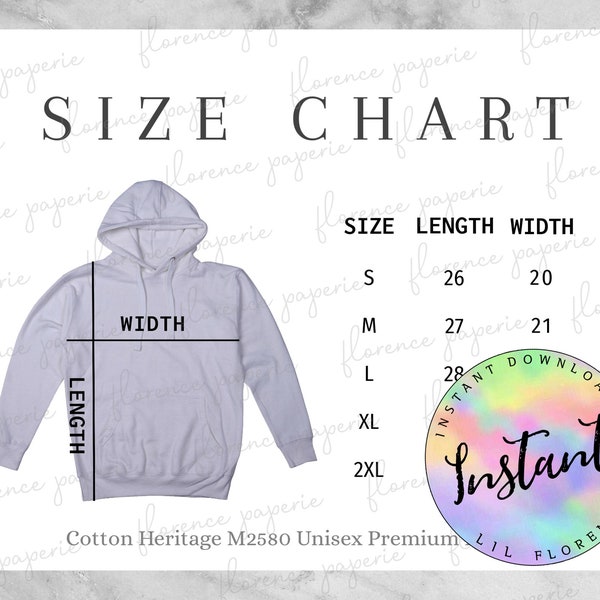 Cotton Heritage M2580 Hoodie Size Chart, Unisex Premium Hoodie, Downloadable, Printable, Mens Size Chart, Womens Size Chart