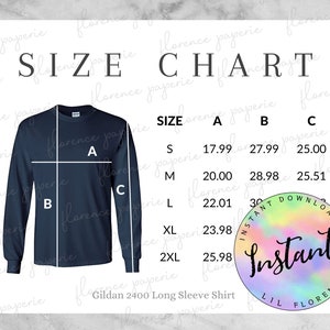 Gildan 2400 Men&#39;s Long Sleeve Shirt Size Chart, Ultra Cotton Long Sleeve Tee, Downloadable, Printable, Mens Size Chart