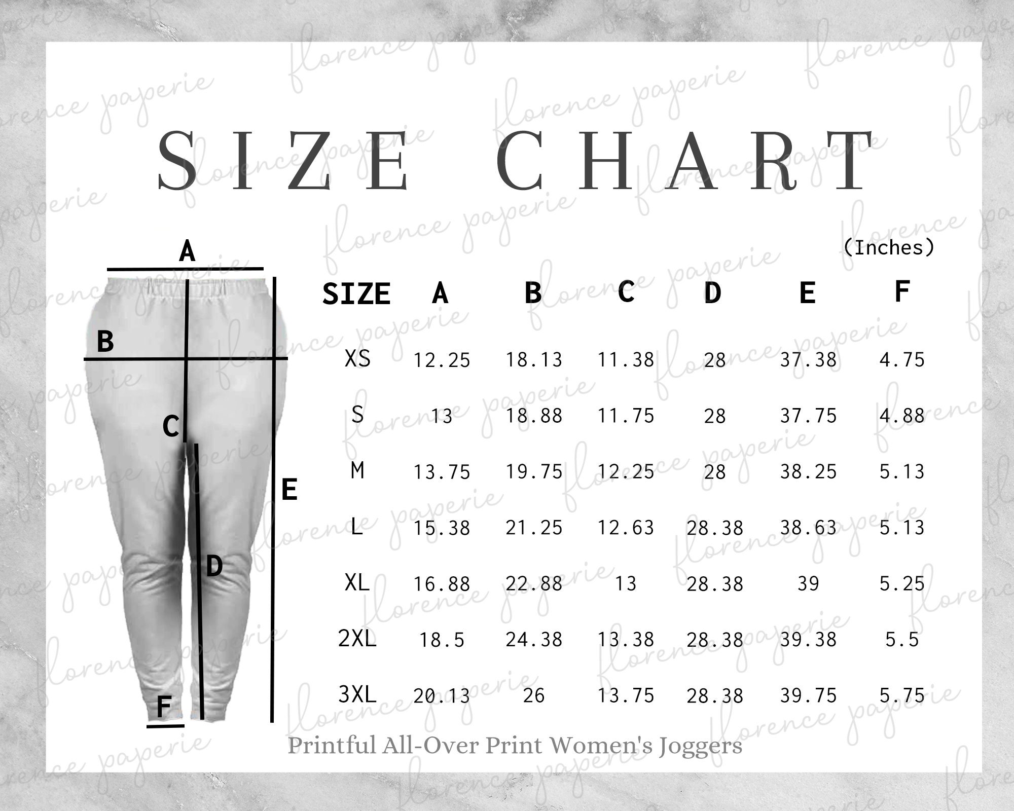 Printful Women's Joggers Size Chart, Allover Print Joggers for Women, Downloadable, Women's