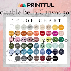 2023 Editable Bella Canvas 3001 Color Chart for Printful, Bella + Canvas Unisex TShirt Color Chart, Downloadable, Printable