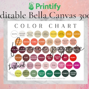 2023 Editable Bella Canvas 3001 Color Chart for Printify, Bella + Canvas Unisex TShirt Color Chart, Downloadable, Printable
