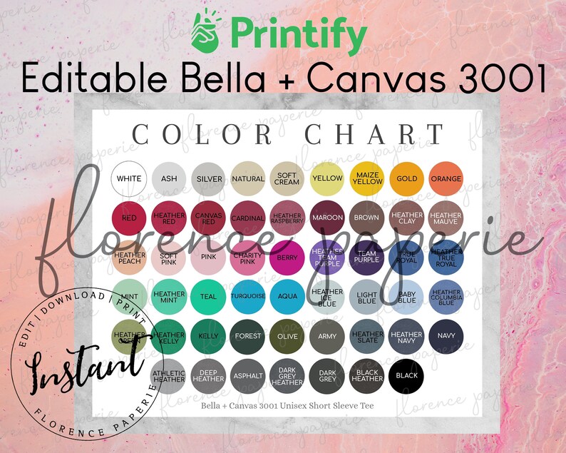 Download Editable Bella Canvas 3001 Color Chart for Printify Bella ...