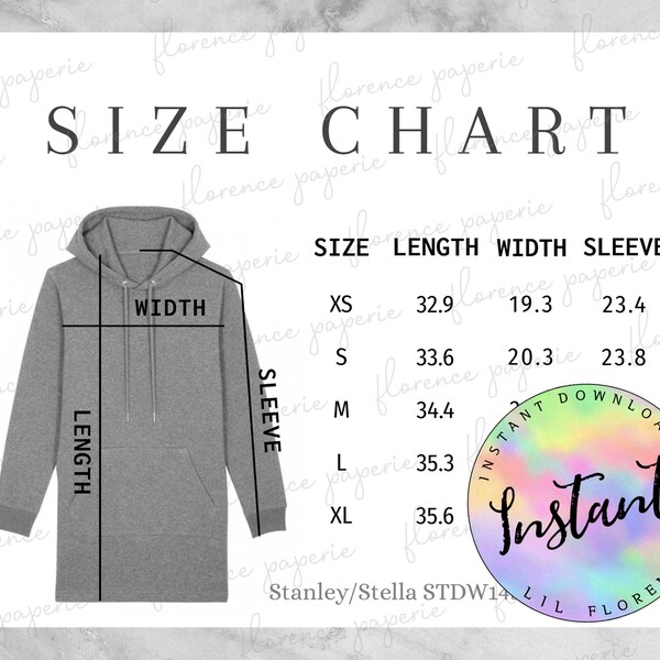 Stanley/Stella STDW143 Hoodie Dress Size Chart, Stanley/Stella STDW143 Hoodie Dress for Printful, Printable, Womens Size Chart