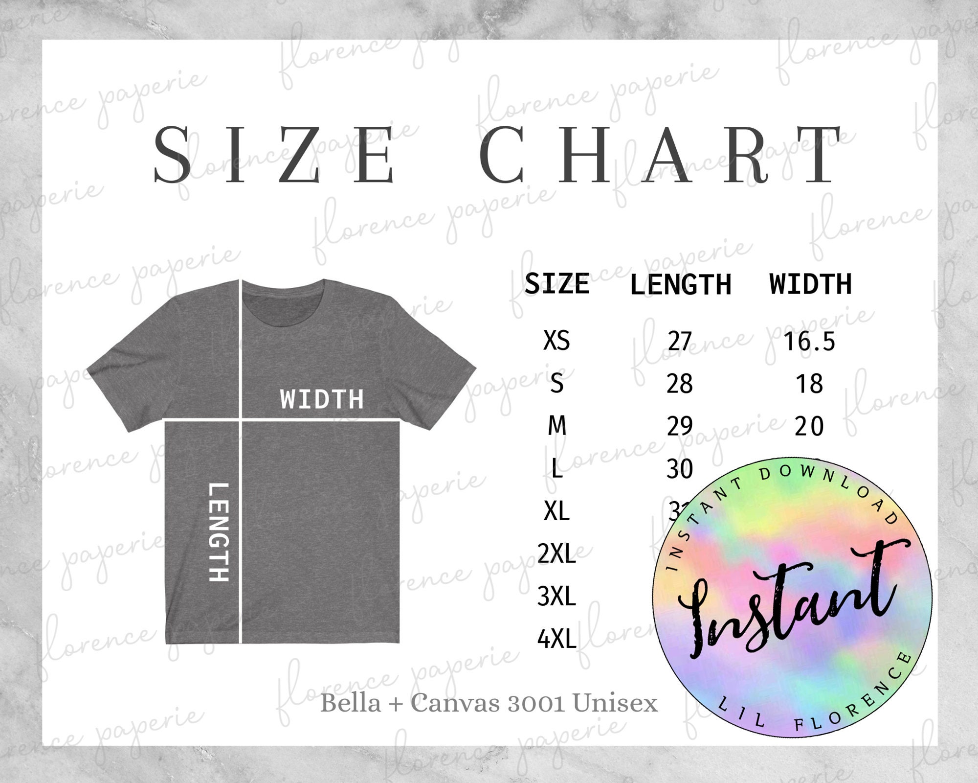 Bella 3001 Sizing Flat Lay Tee Size Chart Inches Imperial System Unisex ...