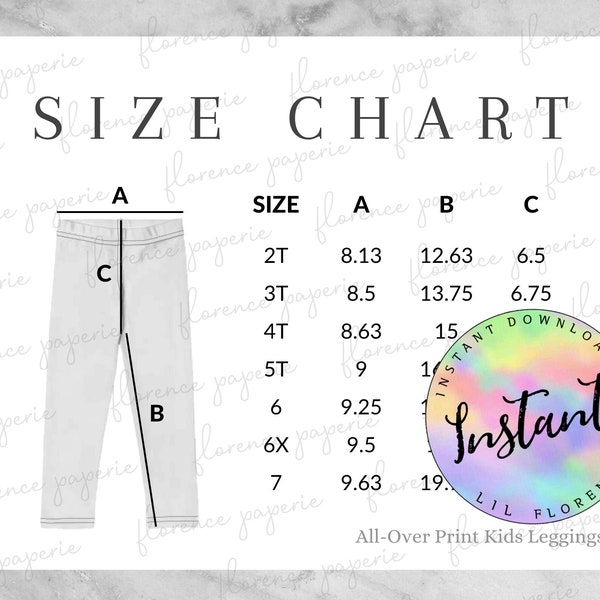 Printful Kids Leggings Size Chart, All-Over Print Kids Leggings, Downloadable, Kids Size Chart