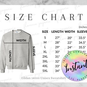 Gildan 18000 Sweatshirt Size Chart, Unisex Crewneck Sweatshirt, Downloadable, Printable, Mens Size Chart, Womens Size Chart