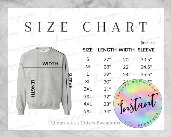 Gildan 18000 Sweatshirt Size Chart, Unisex Crewneck Sweatshirt