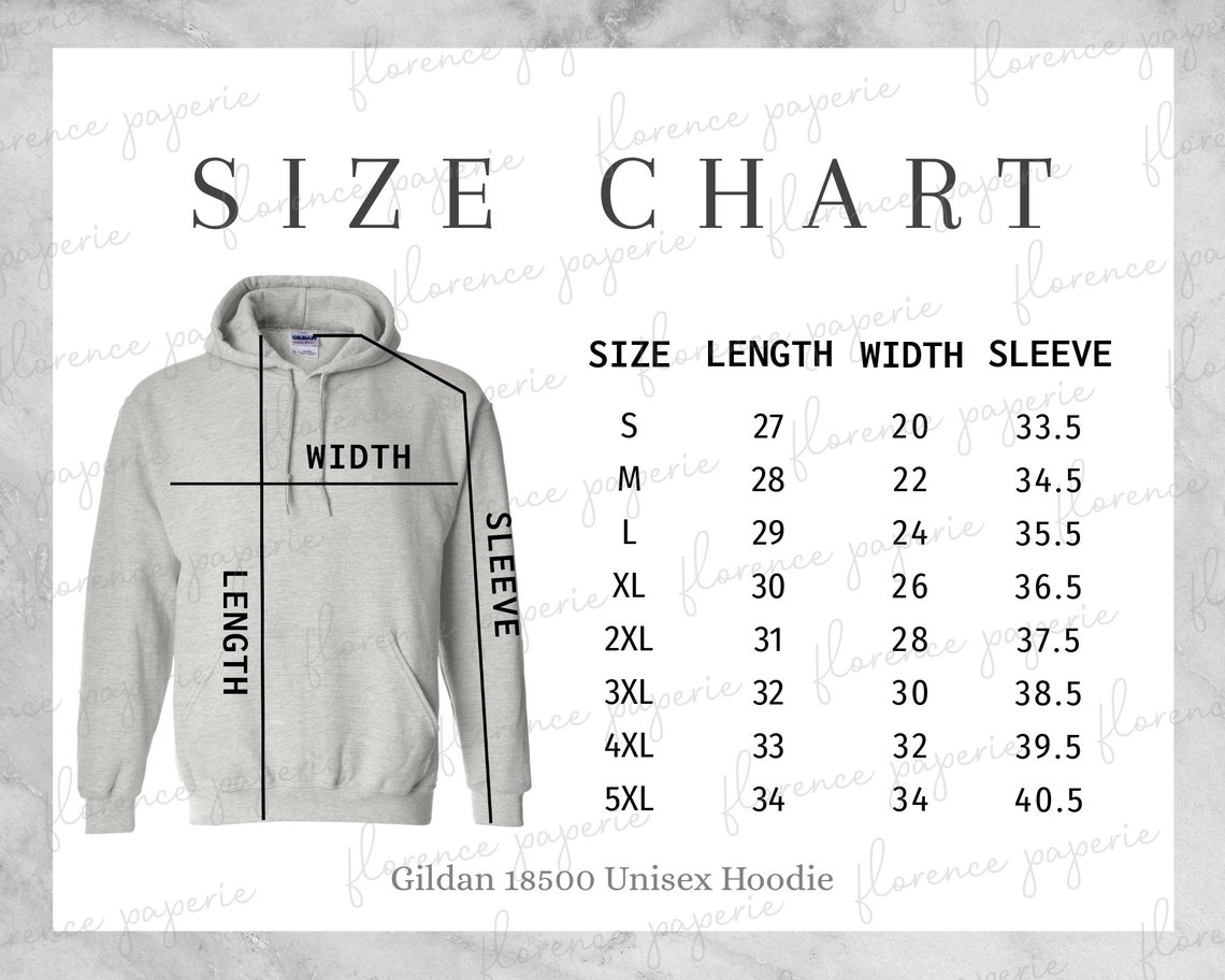 Gildan 18500 Hoodie Size Chart Unisex Hooded Sweatshirt - Etsy