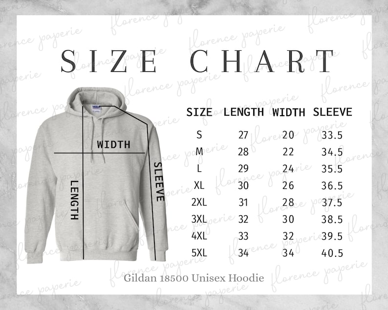 Gildan 18500 Hoodie Size Chart Unisex Hooded Sweatshirt - Etsy