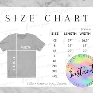 Bella Canvas 3001 Size Chart Athletic heather, Unisex T Shirt Size Chart, Bella + Canvas Size Chart, Downloadable, Printable
