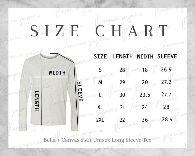 Bella Canvas 3501 Size Chart, Unisex Long Sleeve Tee Size Chart, Bella ...