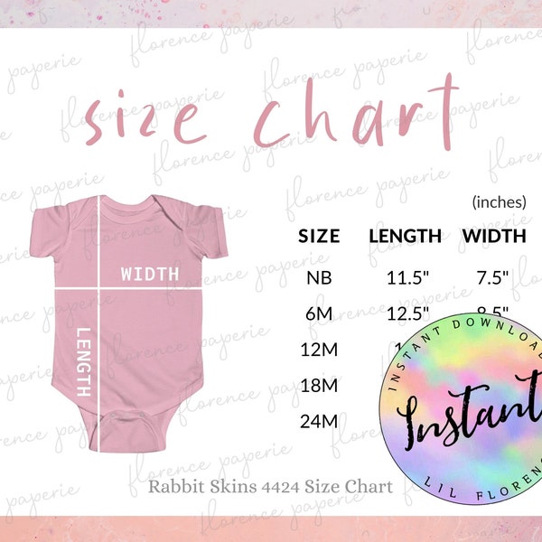 Rabbit Skins 4424 Size Chart, Baby Bodysuit Size Chart, Rabbit Skins Size Chart, Downloadable, Printable, Infant Fine Jersey Bodysuit Chart