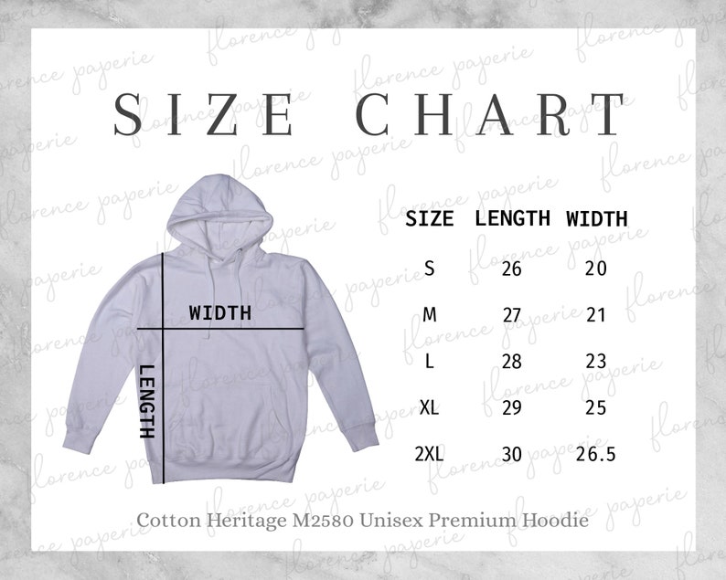 Cotton Heritage M2580 Hoodie Size Chart, Unisex Premium Hoodie ...