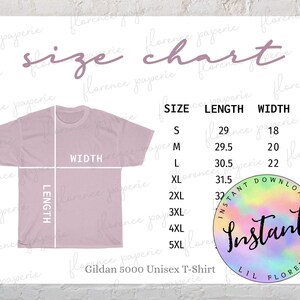 Gildan 5000 T-Shirt Size Chart, Unisex Heavy Cotton Tee Size Chart, Downloadable, Printable, Womens Size Chart
