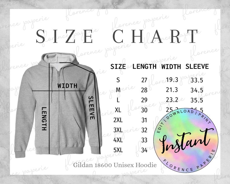 Gildan 18600 Hoodie Size Chart Unisex Full Zip Hooded | Etsy