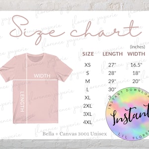 Bella Canvas 3001 Size Chart, Unisex T Shirt Size Chart, Bella + Canvas Size Chart, Downloadable, Printable, Womens Size Chart