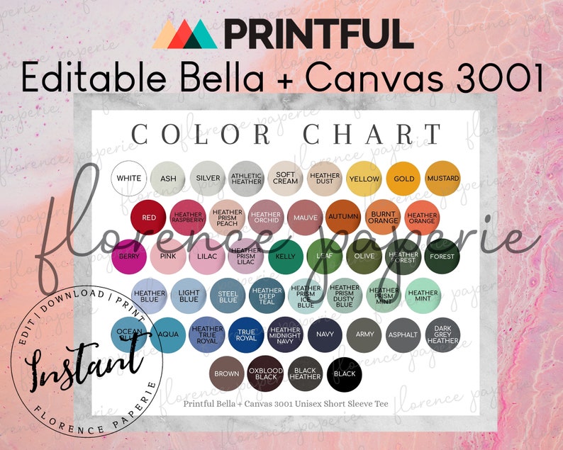 Download Editable Bella Canvas 3001 Color Chart for Printful Bella | Etsy