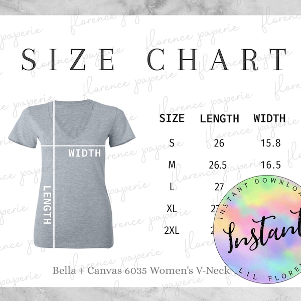 Bella Canvas 6035 Size Chart, Women's Jersey Short Sleeve Deep V-Neck Tee, Downloadable, Printable, Womens Size Chart for Printify