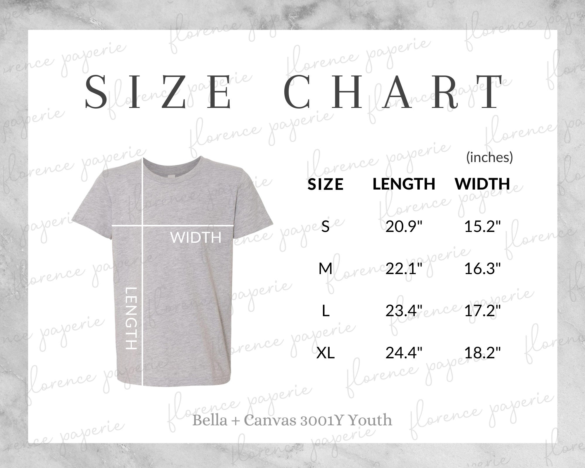 Bella Canvas 3001Y Short Sleeve Size Chart Youth Premium - Etsy