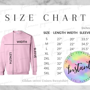 Gildan 18000 Sweatshirt Size Chart, Unisex Crewneck Sweatshirt, Downloadable, Printable, Mens Size Chart, Womens Size Chart