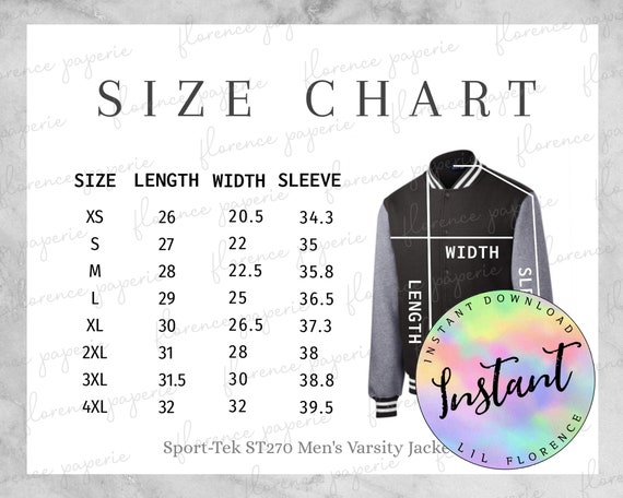 Sport-tek ST270 Jacket Size Chart, Men's Varsity Jacket