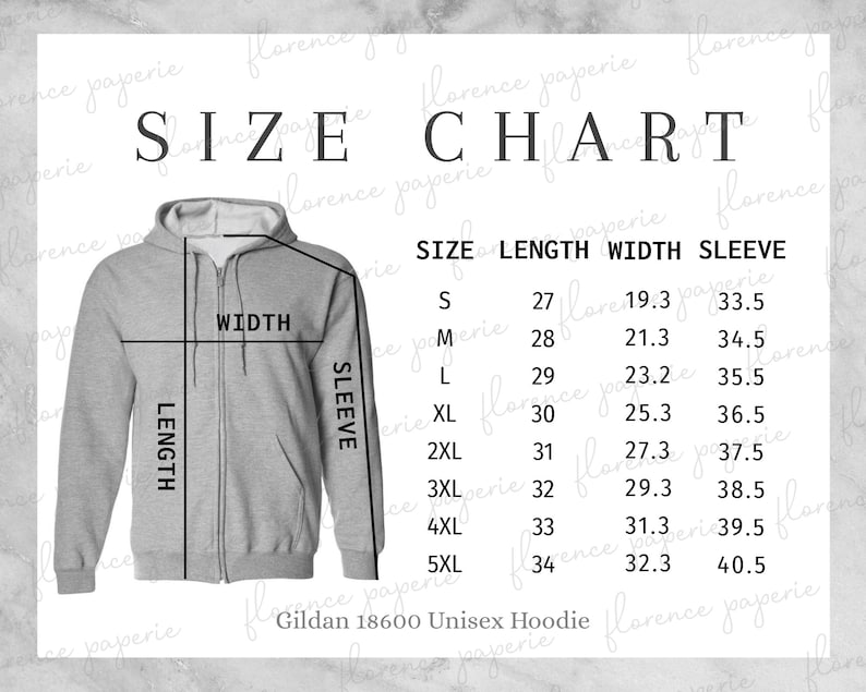 Gildan 18600 Hoodie Size Chart, Unisex Full Zip Hooded Sweatshirt ...